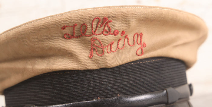 Lot 018 - Vintage "Tel's Dairy" Hand Embroidered Milkman's Cap With Red Stitching On Beige Fabric, Size 7-1/4