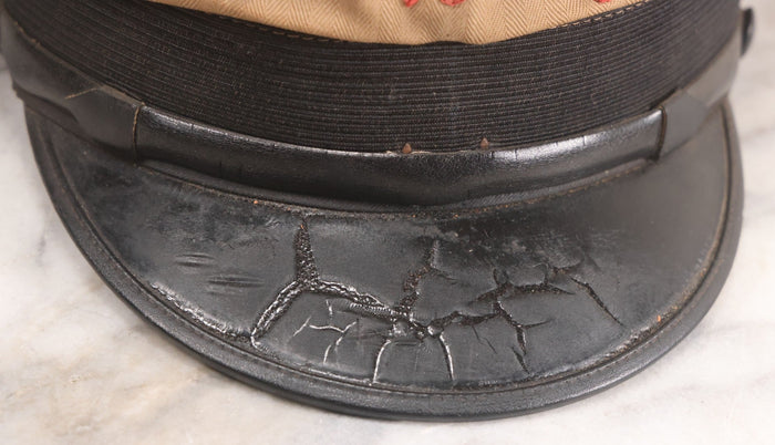 Lot 018 - Vintage "Tel's Dairy" Hand Embroidered Milkman's Cap With Red Stitching On Beige Fabric, Size 7-1/4