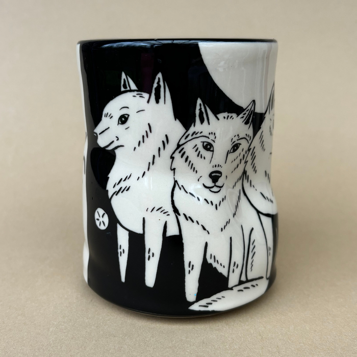Lucky Wolf Cup - XLarge displaying a close-up of beautifully drawn wolves in black and white. This unique cup from The Bowl Maker is both functional and artistic.