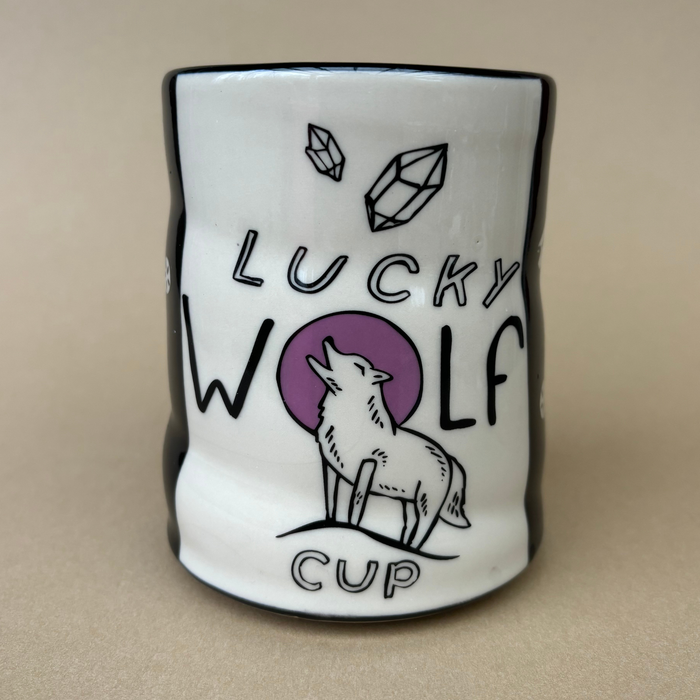 Lucky Wolf Cup - XLarge displaying the prominent 'Lucky Wolf' design with a wolf graphic and crystals, designed by The Bowl Maker.
