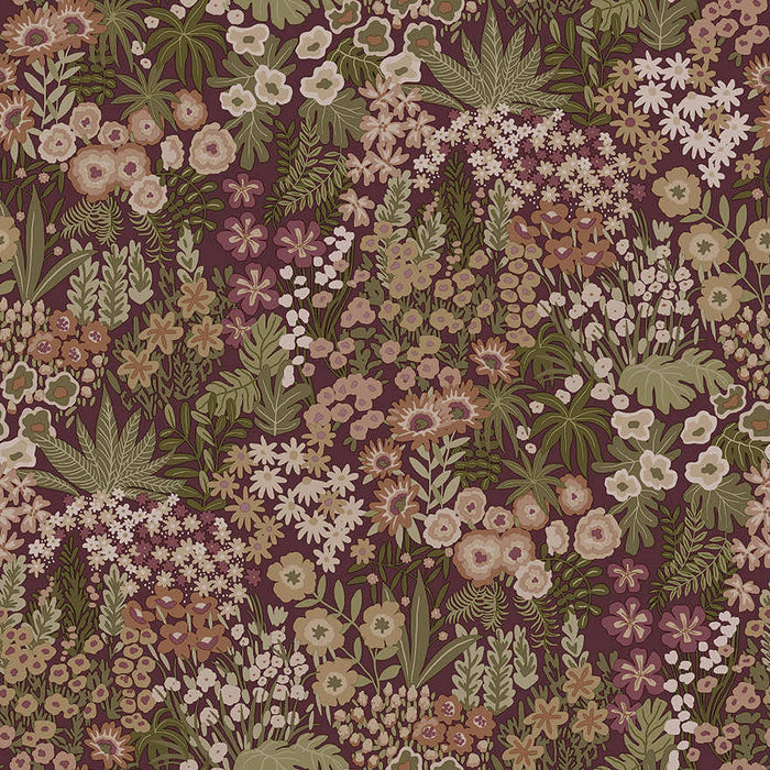Lysandra mulberry wallpaper with a dense meadow of cow parsley, daisies and ferns
