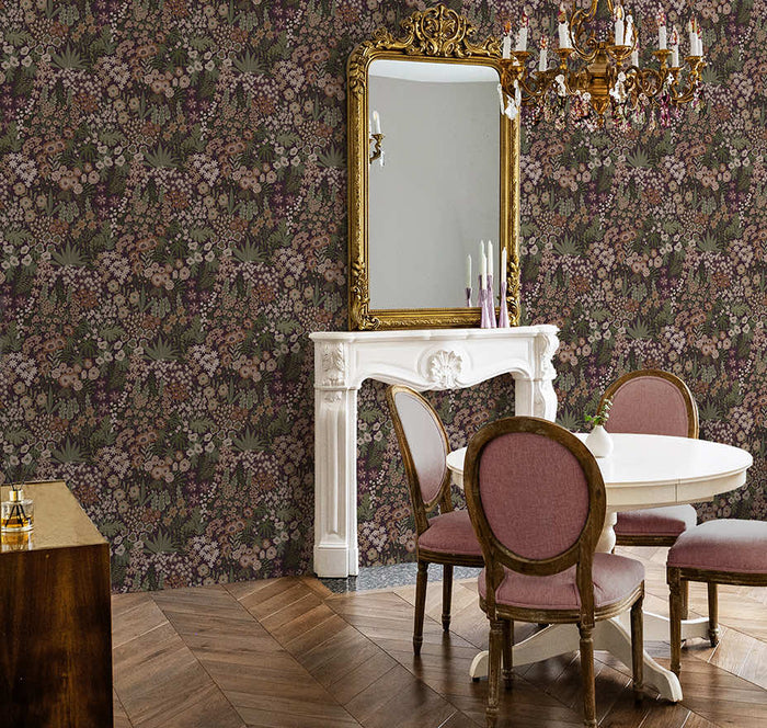 Mulberry Lysandra meadow floral wallpaper on a bedroom wall