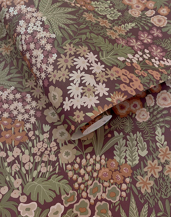 Roll of Lysandra meadow floral wallpaper in mulberry