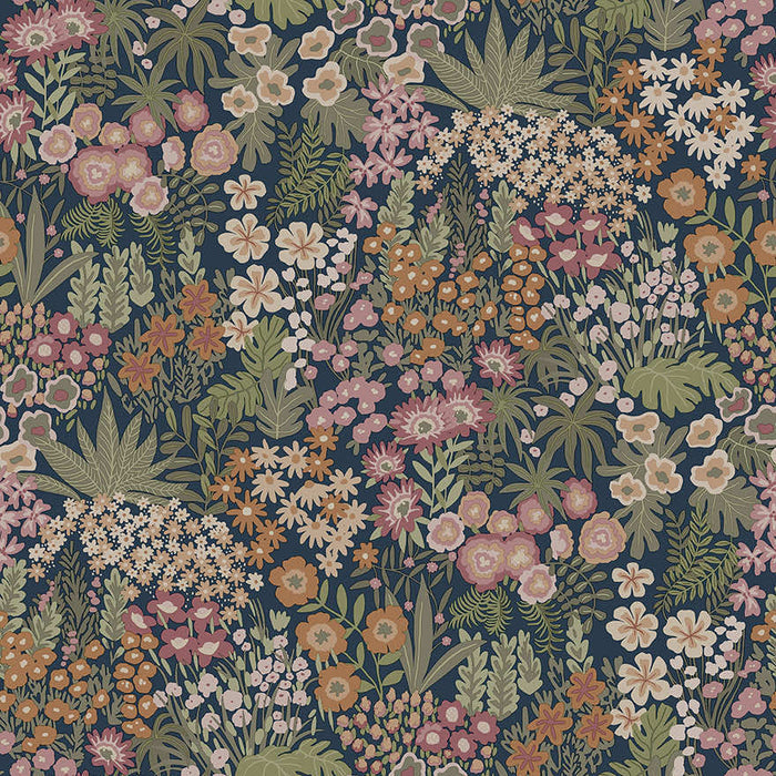 Navy meadow floral wallpaper with cow parsley, daisies and primulas in pink and ochre over green ferns — flat pattern detail