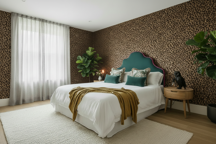 Full Room Shot - Makucha Flock Wallpaper Umber