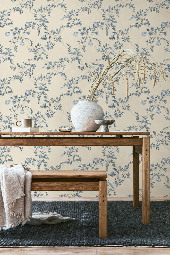 Marina – Floral Trellis Wallpaper – Blue/Cream