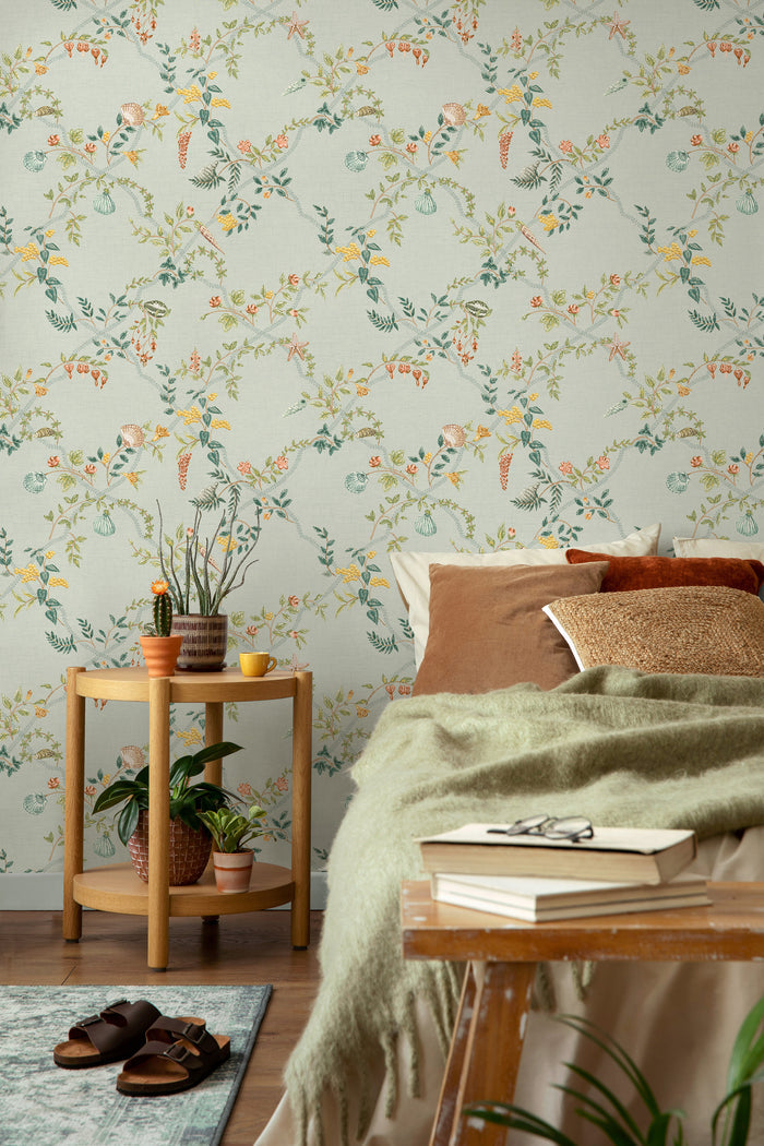 Marina – Floral Trellis Wallpaper – Duck Egg Blue