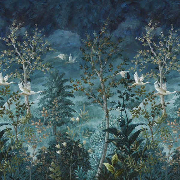 Midnight Canopy mural — silhouetted trees and white cranes against a deep blue night sky