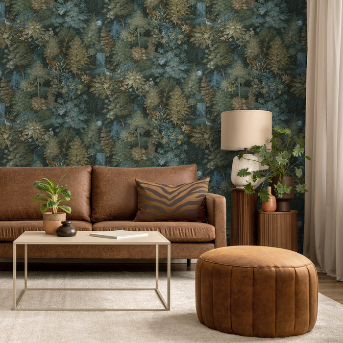Midnight Woods – Moonlit Forest Wallpaper – Teal/Yellow