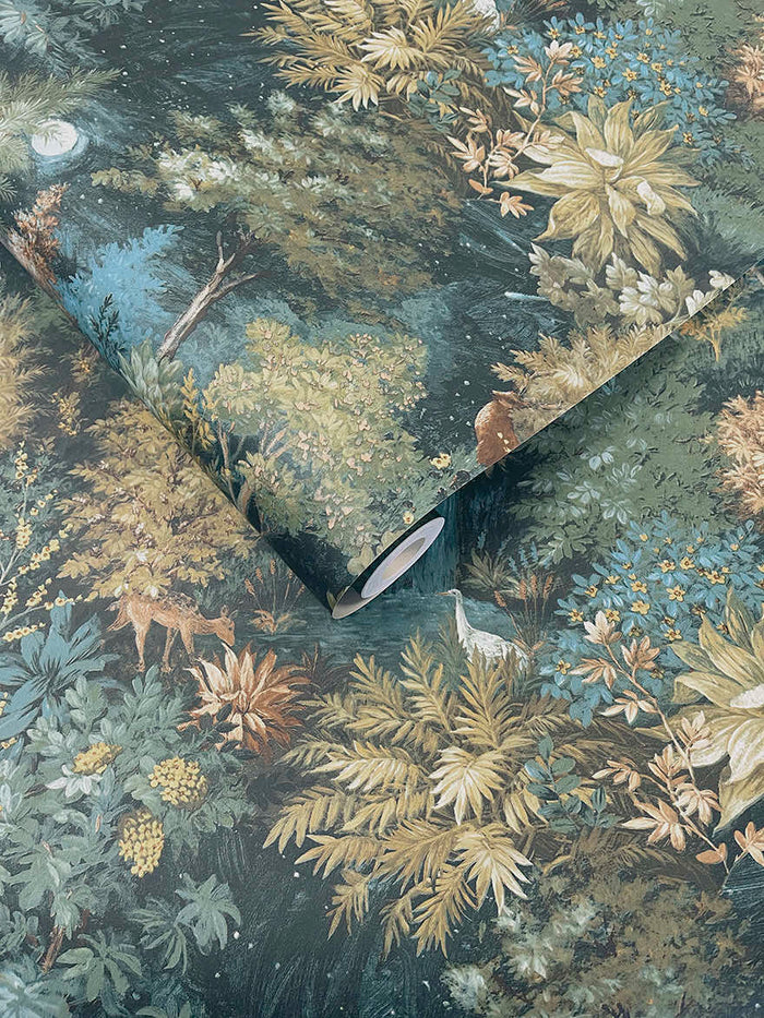 Midnight Woods – Moonlit Forest Wallpaper – Teal/Yellow