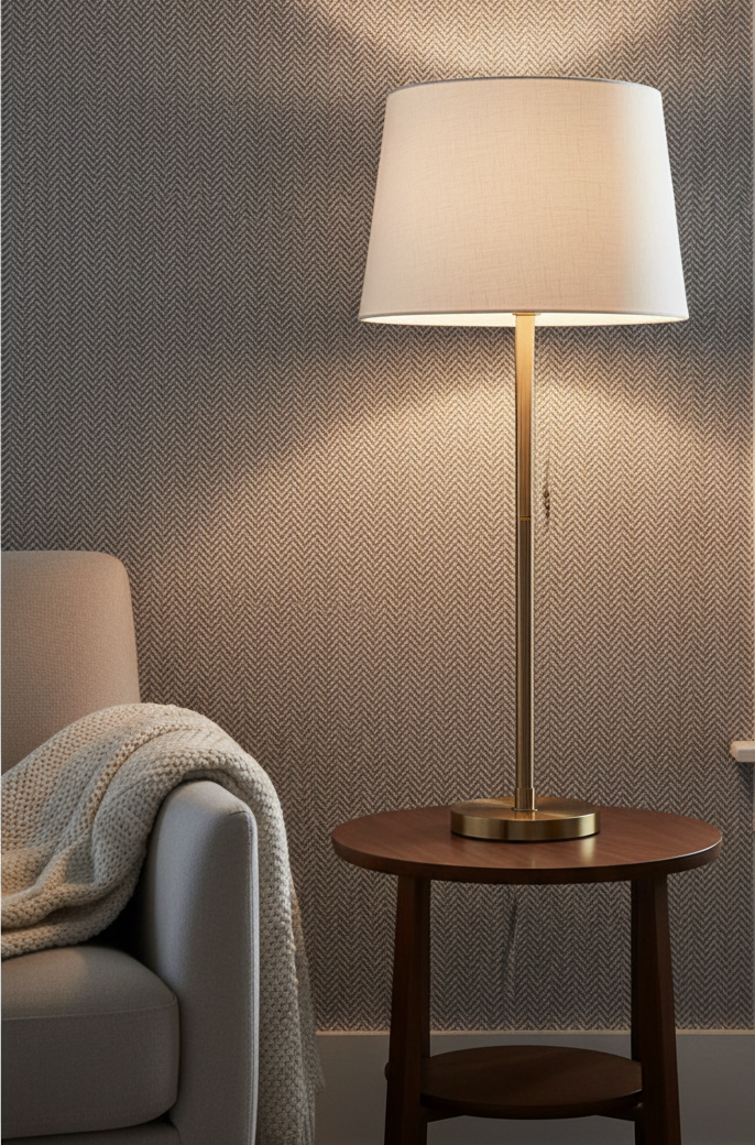 Herringbone Wallpaper with Lamp