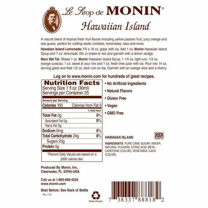 Monin Hawaiian Island Syrup Bottle - 750ml-Syrups-monin-Restaurant Supply Drop