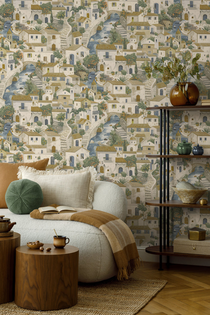 Monteroso – Coastal Town Wallpaper – Beige/Blue