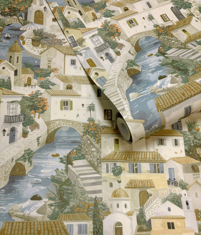 Monteroso – Coastal Town Wallpaper – Beige/Blue