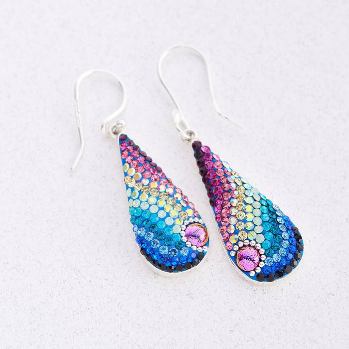 Colorful Morning Drop Earrings by Mosaico Jewels featuring a gradient design with vibrant blue, pink, and gold tones, perfect for adding a pop of color to any outfit.
