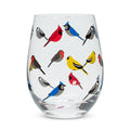 Multi Bird Stemless Wine Glass by Abbott featuring a vibrant design of colorful birds on a clear glass, perfect for wine or beverages.