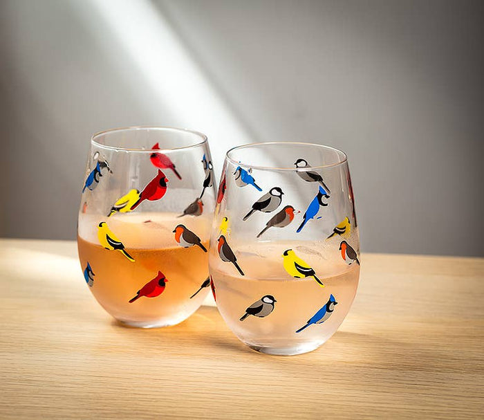 Multi Bird Stemless Wine Glass by Abbott filled with refreshing beverages, featuring whimsical birds in various bright colors on a clear glass surface.