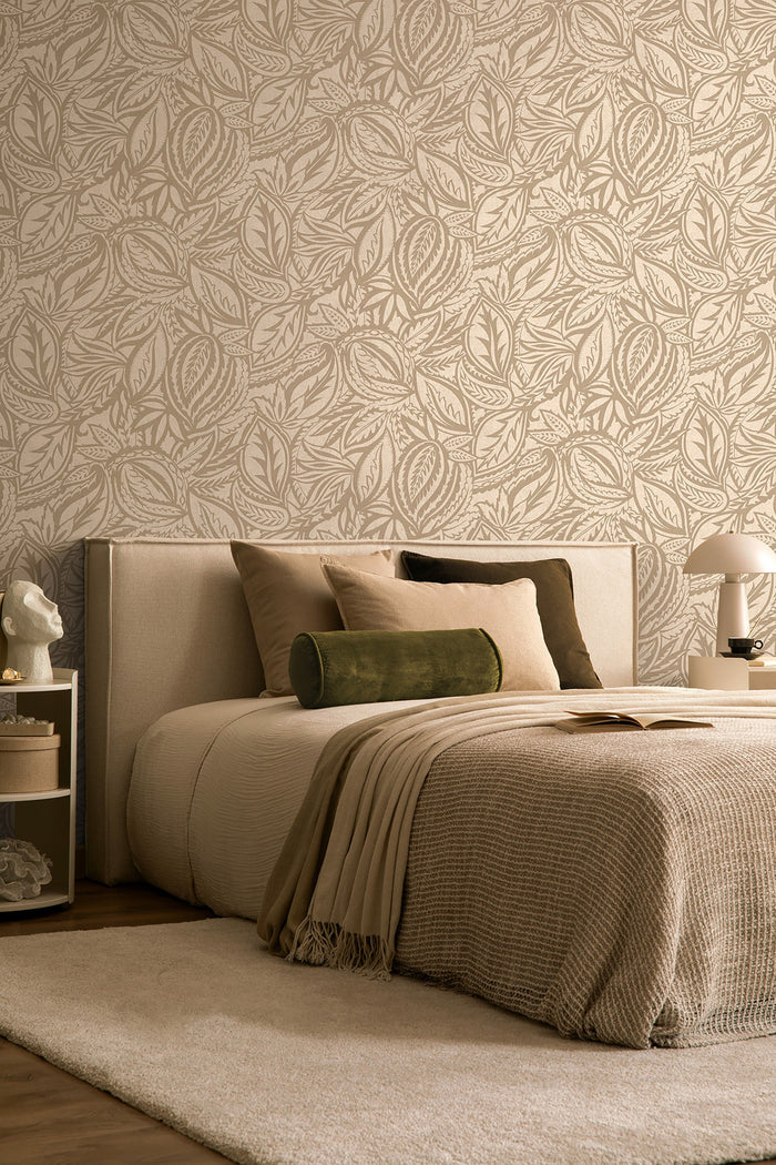 Musa wallpaper in Beige on a feature wall, flowing abstract leaf motif