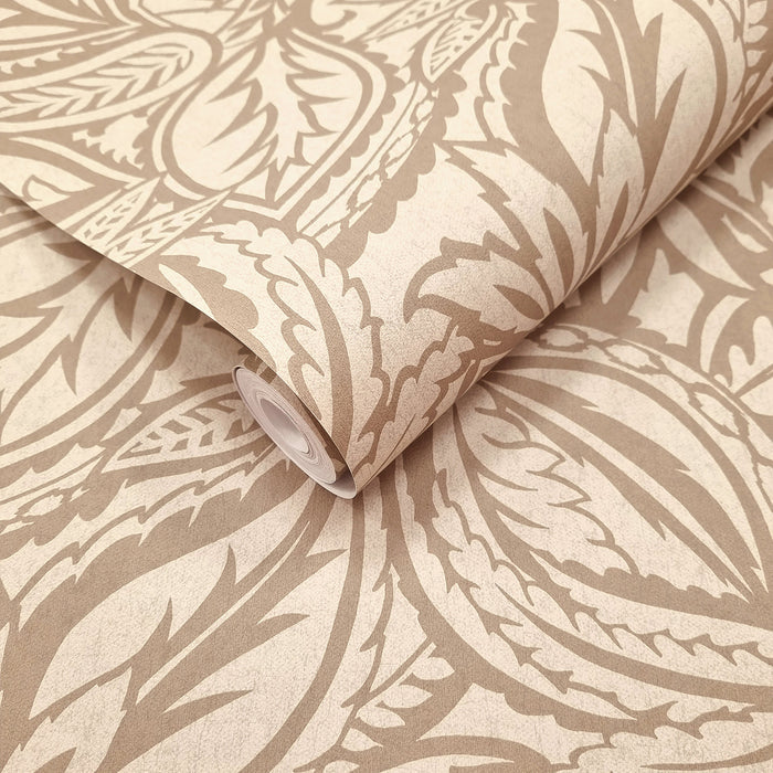 Musa Beige wallpaper roll showing the abstract leaf repeat