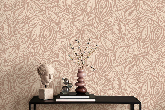 Musa wallpaper in Blush on a feature wall, flowing abstract leaf motif