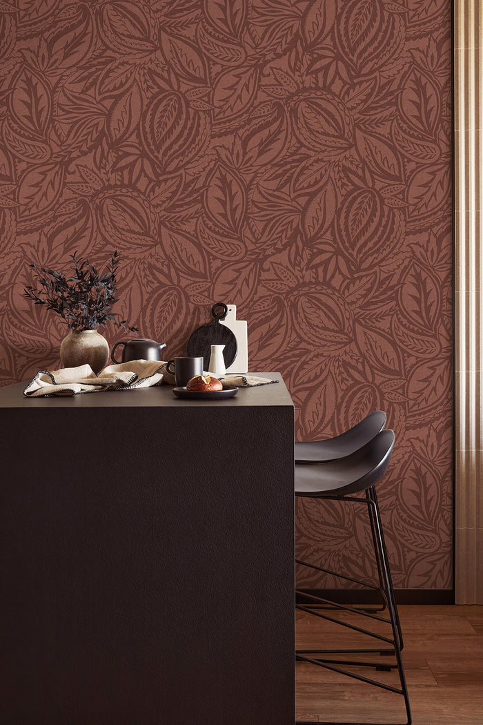 Musa wallpaper in Maroon on a feature wall, flowing abstract leaf motif