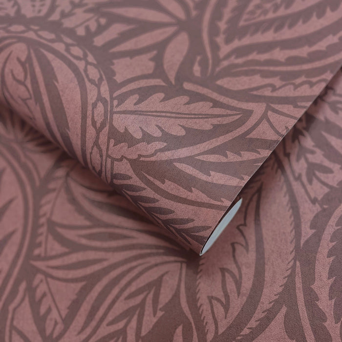 Musa Maroon wallpaper roll showing the abstract leaf repeat
