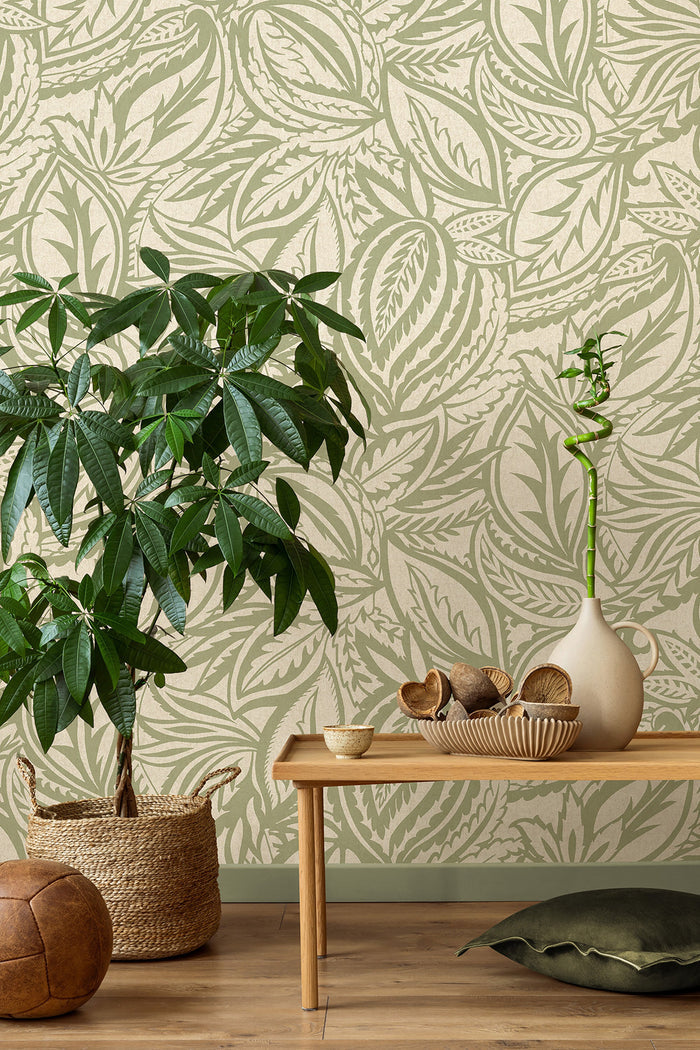 Musa wallpaper in Sage on a feature wall, flowing abstract leaf motif
