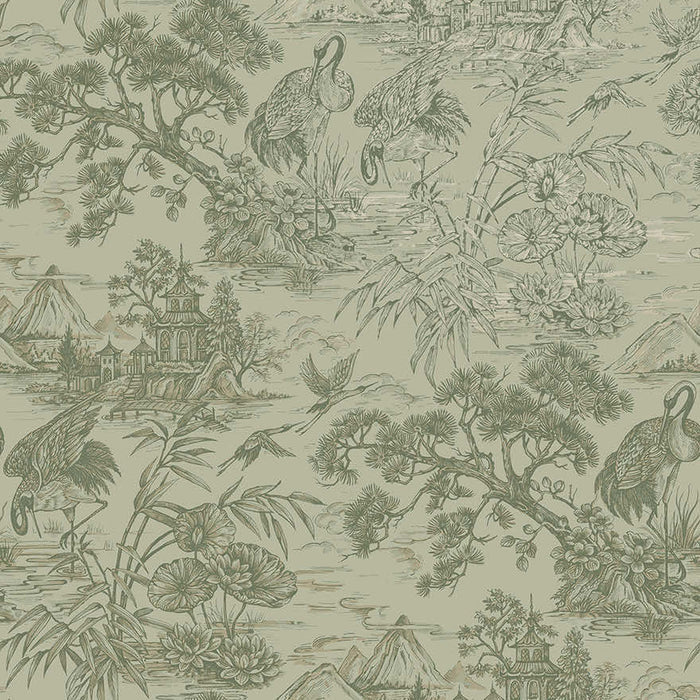 Natoru - Japanese Metallic Cranes Wallpaper - Sage