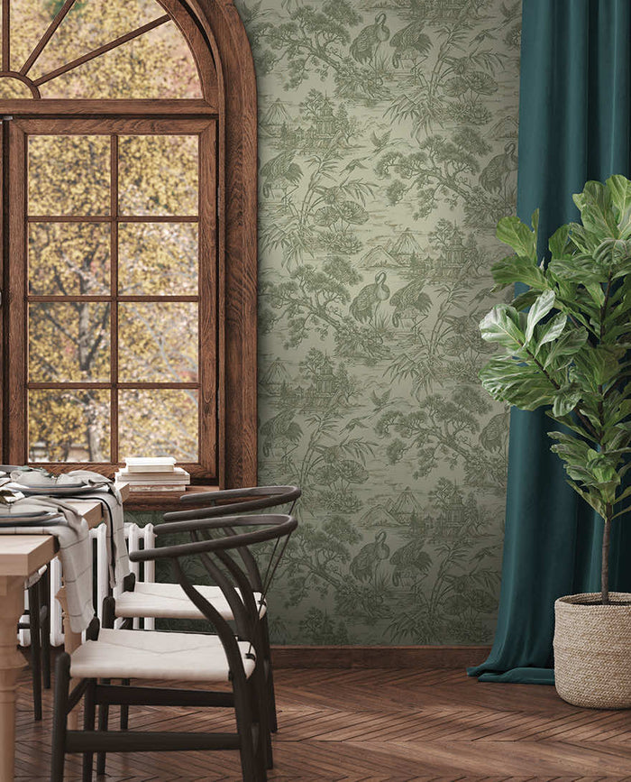 Natoru - Japanese Metallic Cranes Wallpaper - Sage