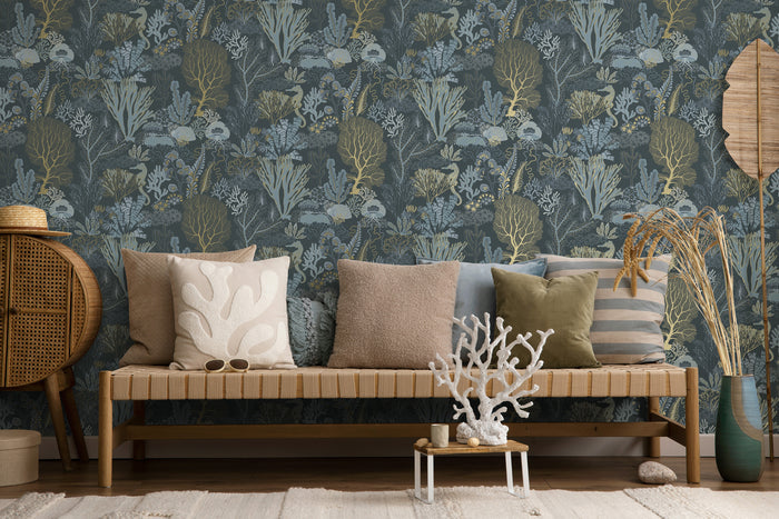 Nautilus – Coral & Kelp Wallpaper – Navy