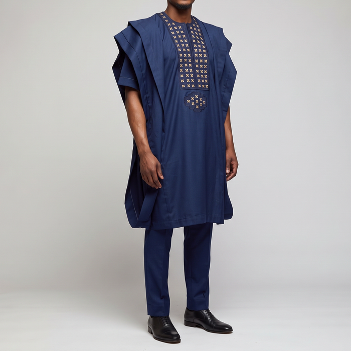 Navy & Gold Embroidered 3-Piece Agbada Suit