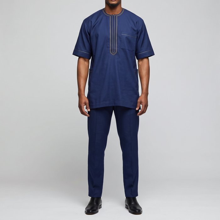 Navy & Gold Embroidered 3-Piece Agbada Suit