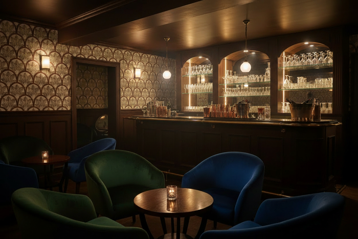 Speakeasy Room with Black Wood Chairs