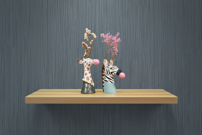 Giraffe & Zebra Planters with Nobile Blue Black Wallpaper