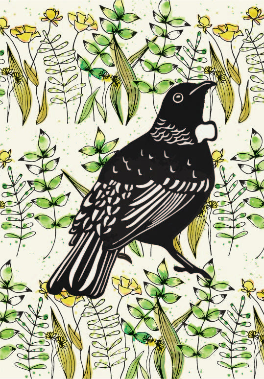NZ Bird Series - Tui Meadow - Custom Sized Wallpaper Mural (per m2)