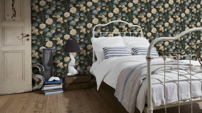 Oil Painting Floral Vinyl Wallpaper - Blue & Cream - Discontinuing