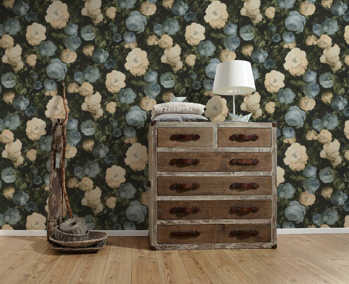 Oil Painting Floral Vinyl Wallpaper - Blue & Cream - Discontinuing