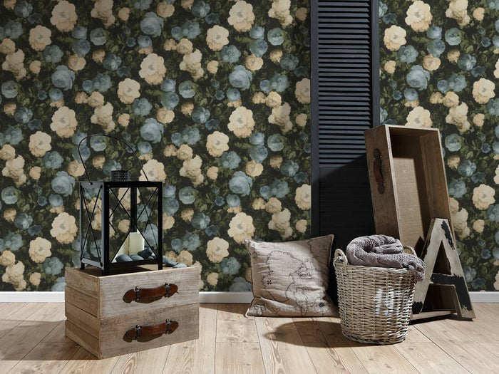 Oil Painting Floral Vinyl Wallpaper - Blue & Cream - Discontinuing
