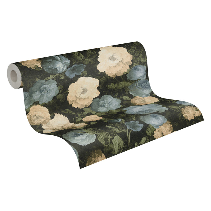 Oil Painting Floral Vinyl Wallpaper - Blue & Cream - Discontinuing
