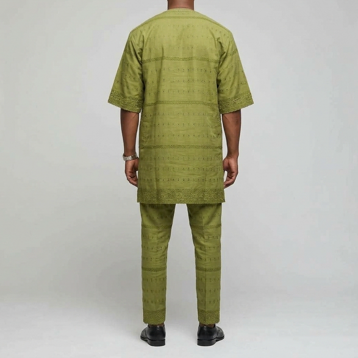 Olive Green Eyelet Lace Buba & Sokoto Set