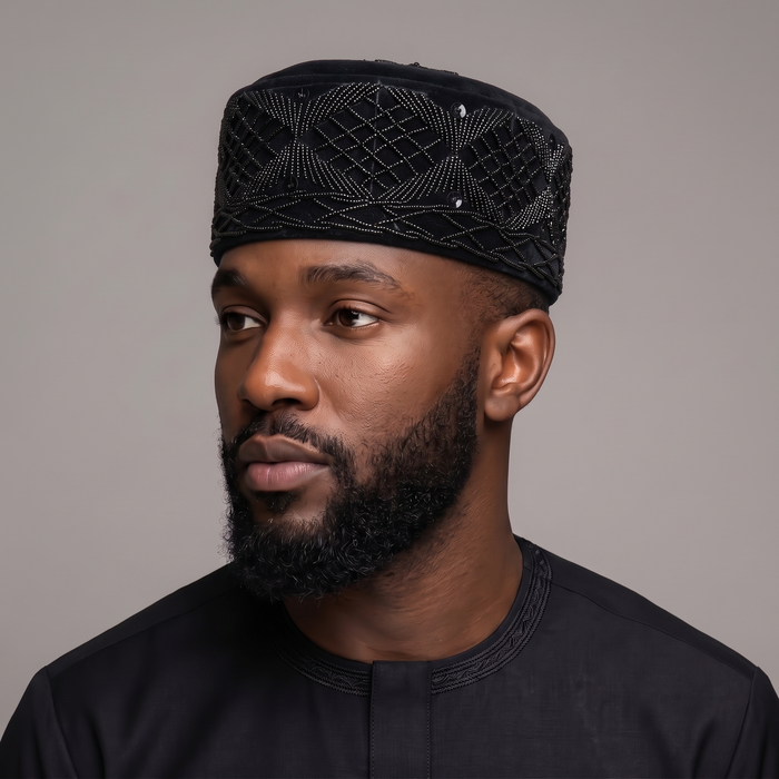Onyx Black Velvet Cap with Tonal Geometric Beadwork