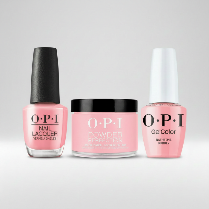 OPI nail care products including nail lacquer, powder, and gelcolor on a colorful splatter background.