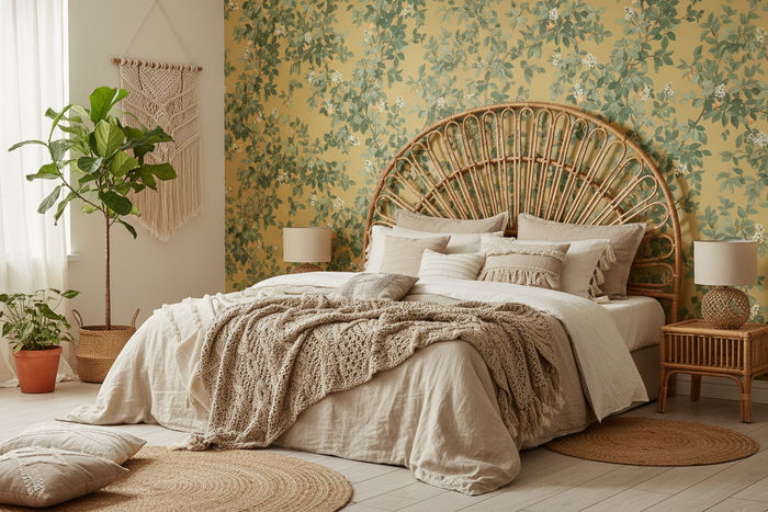 Orange Tree Ochre Wallpaper Boho Bedroom