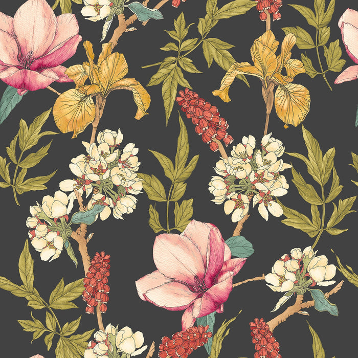 Orchid Bloom Wallpaper - Ebony & Raspberry