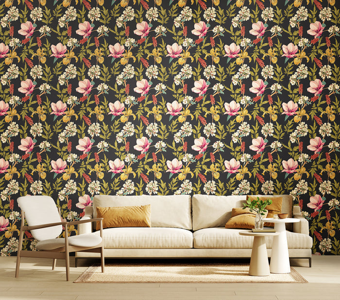 Orchid Bloom Wallpaper - Ebony & Raspberry
