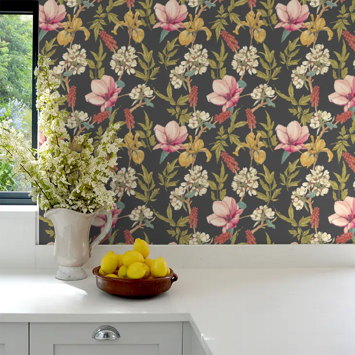 Orchid Bloom Wallpaper - Ebony & Raspberry