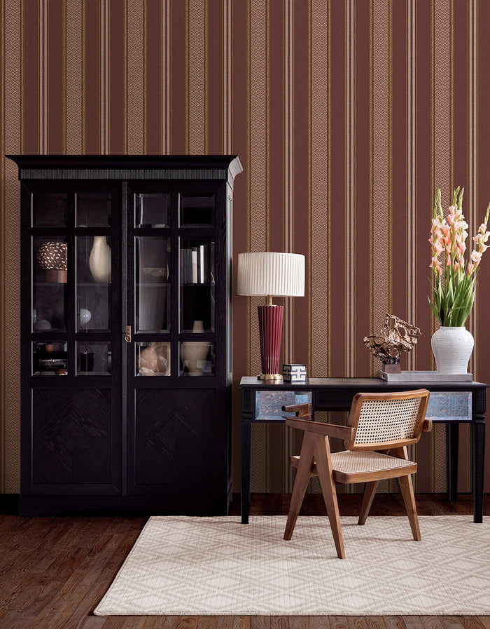 Patola wallpaper in Russet on a feature wall, fabric-textured stripe detail