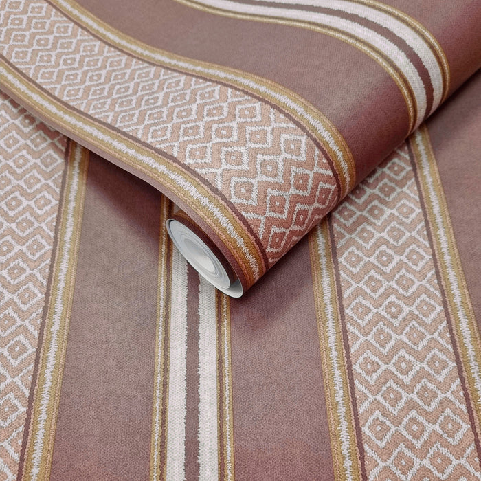 Patola Russet wallpaper roll showing the woven-stripe repeat