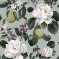 Pendula aqua wallpaper with pears, quince, damsons, white camellias and blossom