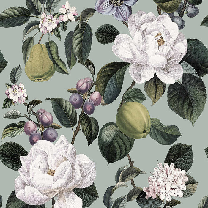 Pendula aqua wallpaper with pears, quince, damsons, white camellias and blossom
